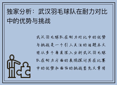 独家分析：武汉羽毛球队在耐力对比中的优势与挑战