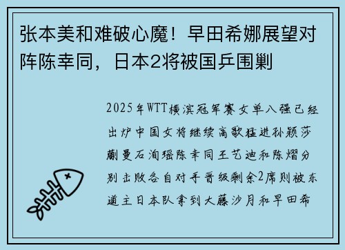 张本美和难破心魔！早田希娜展望对阵陈幸同，日本2将被国乒围剿